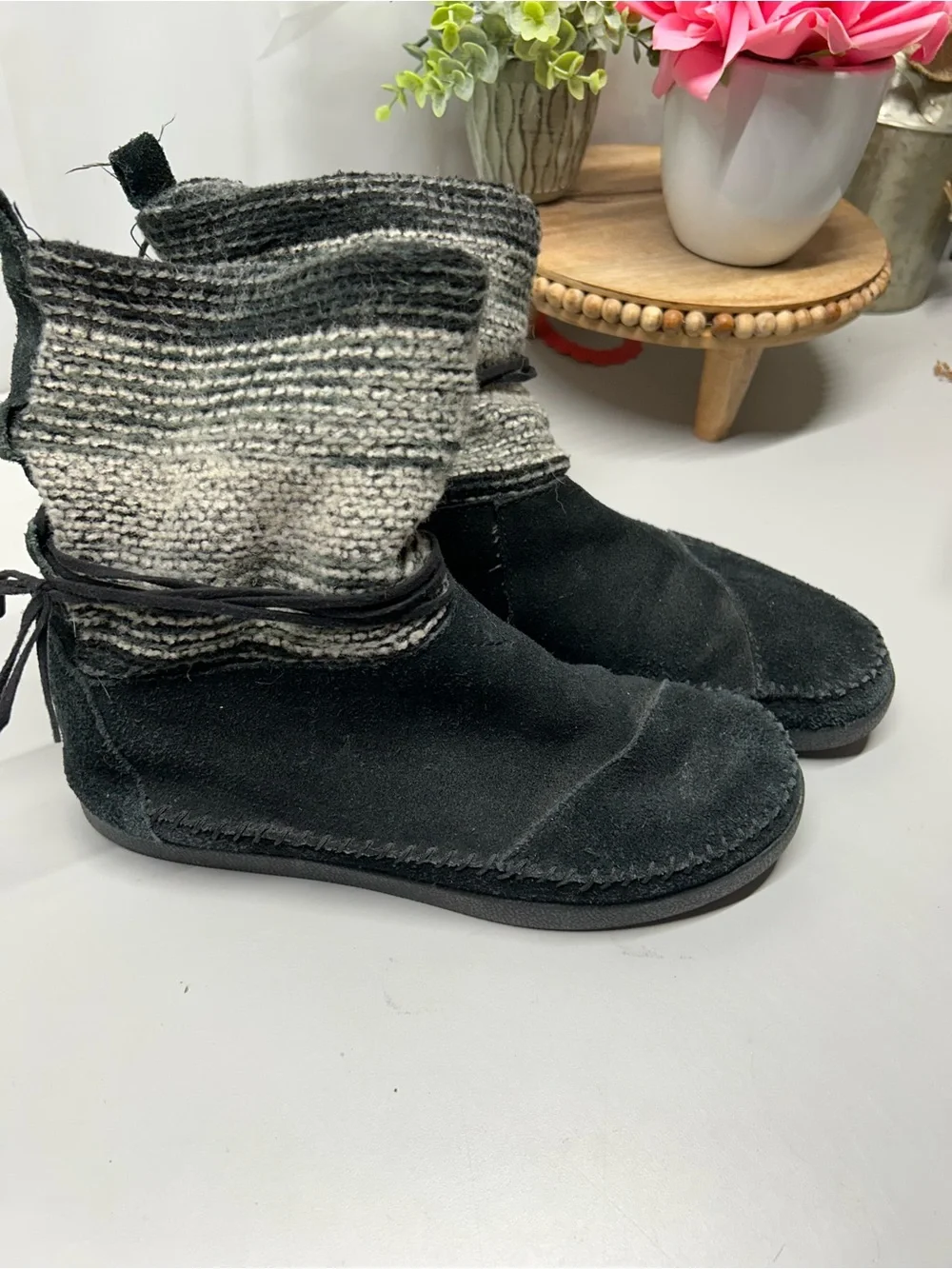 Toms Black Suede Ankle Boots with Gray Knit Cuff